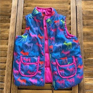 Hatley Rainbow Fawn Deer Print Kids' Reversible Pink & Blue Puffer Vest Size 5
